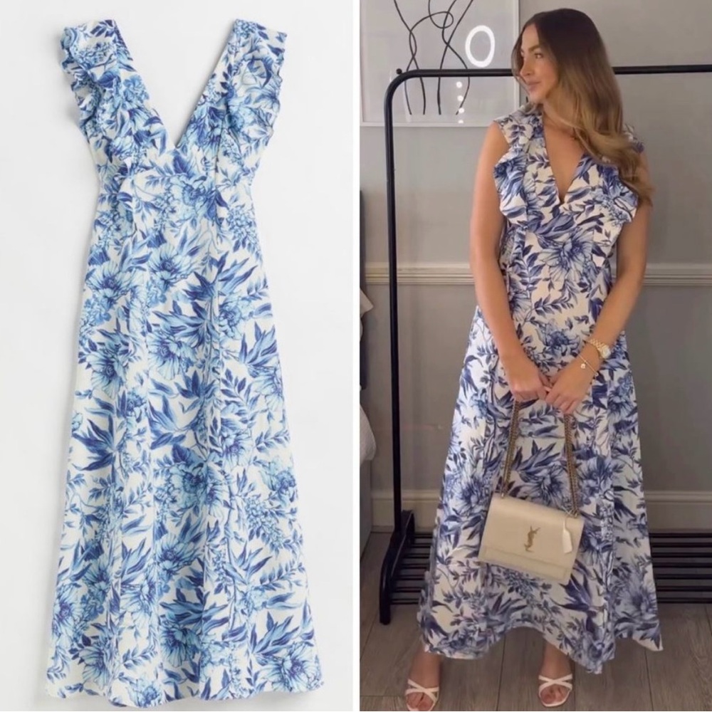 H&M Linen Blend Floral Flounced Dress New